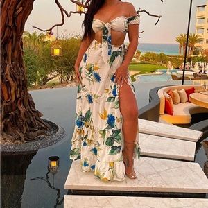 Two piece floral wrap skirt tie front crop top set M